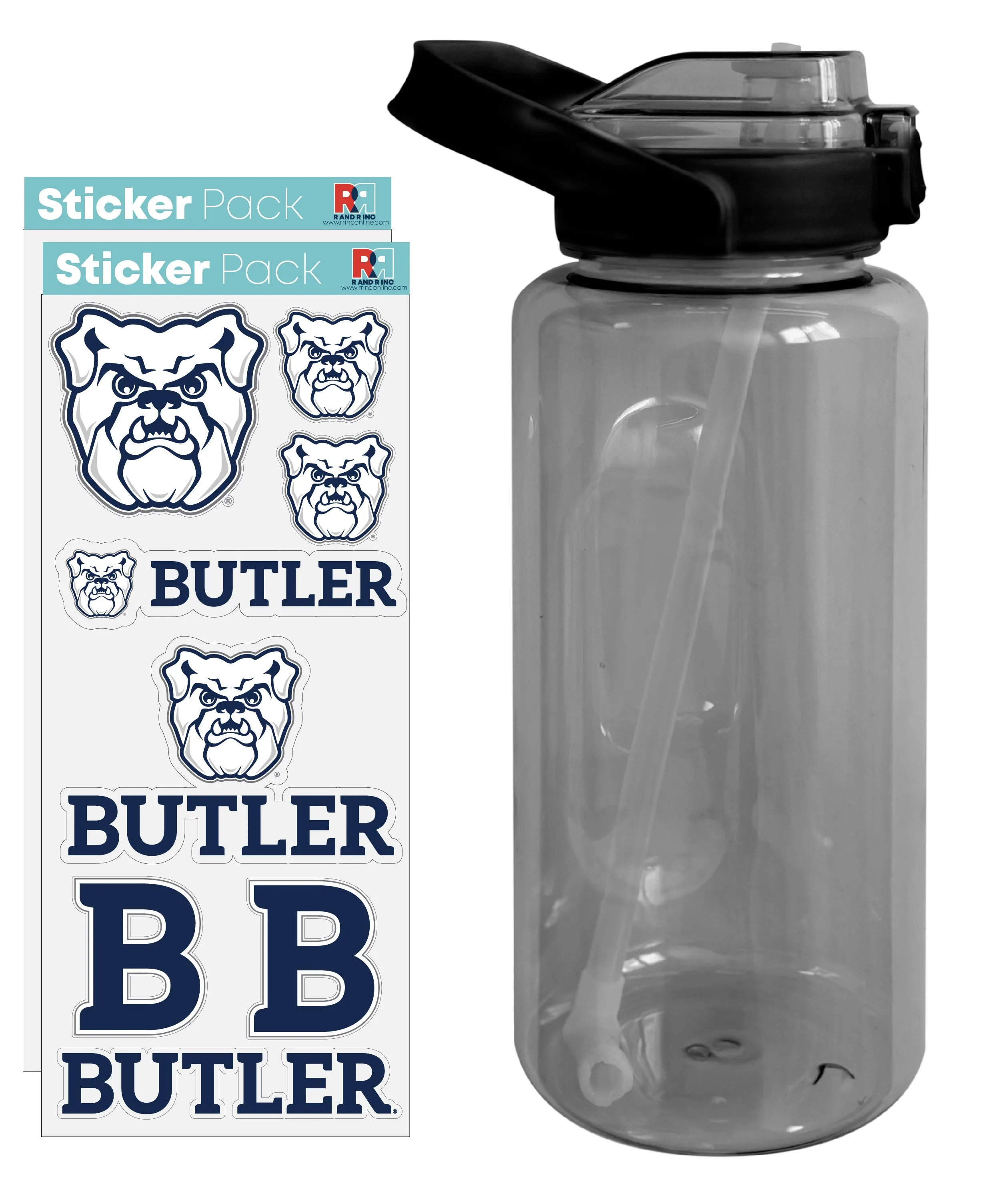 64 oz Large Water Bottle with Butler Bulldogs Waterproof Stickers, Screw-on Top and Straw Officially Licensed Product