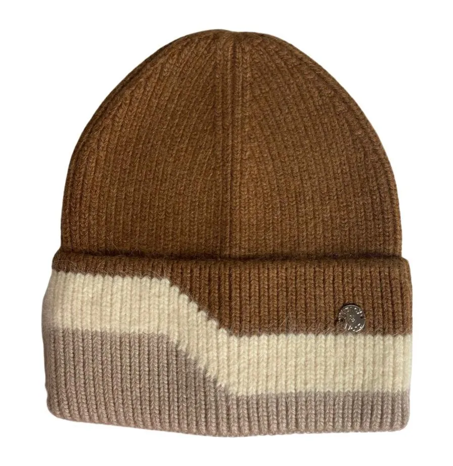 Block Beanie Hat Tan and Beige