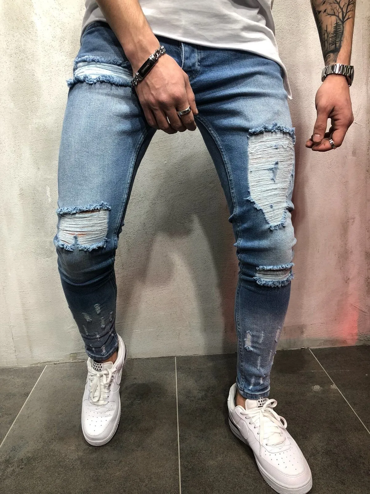 Blue Ripped Slim Fit Jeans A76 Streetwear Denim Jeans