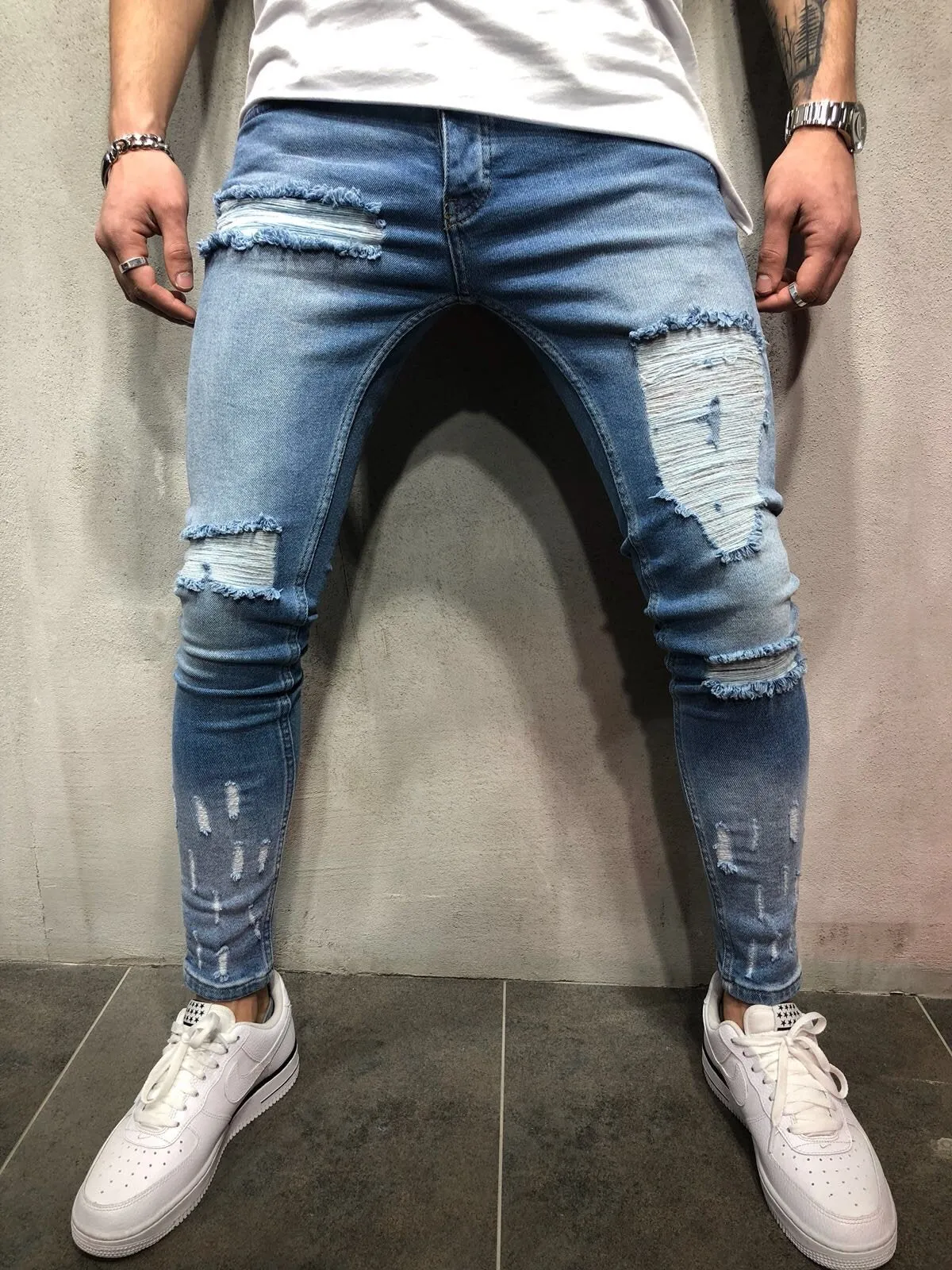 Blue Ripped Slim Fit Jeans A76 Streetwear Denim Jeans