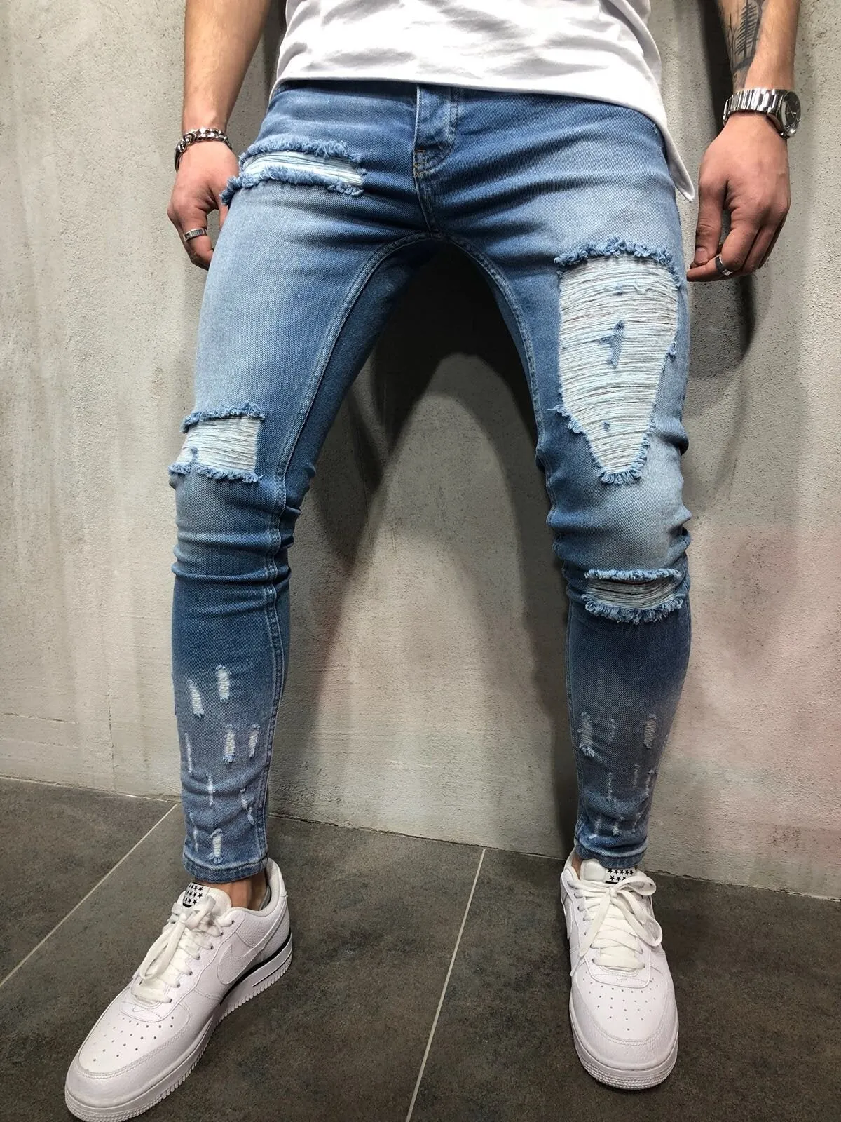 Blue Ripped Slim Fit Jeans A76 Streetwear Denim Jeans