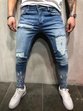 Blue Ripped Slim Fit Jeans A76 Streetwear Denim Jeans