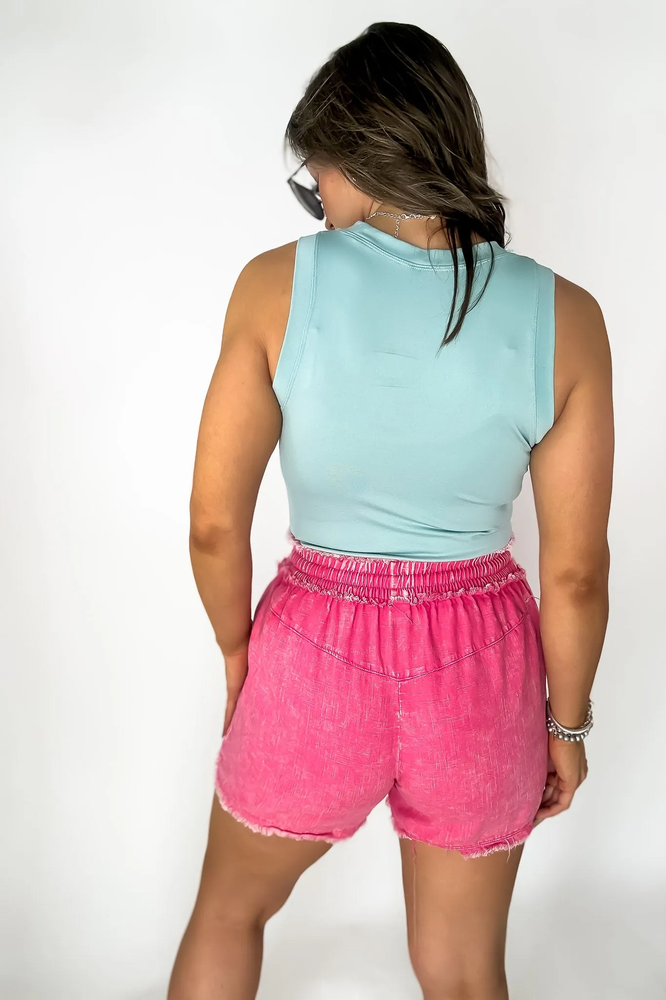 Break Away Fuchsia Washed Frayed Hem Drawstring Shorts