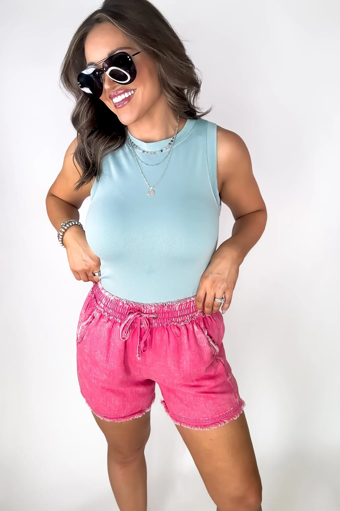 Break Away Fuchsia Washed Frayed Hem Drawstring Shorts