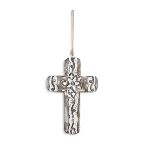 Carved Flower White Washed Wood Cross