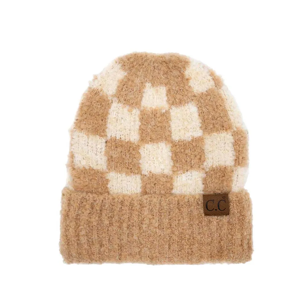 C.C Checkered Pattern Boucle Cuff Beanie