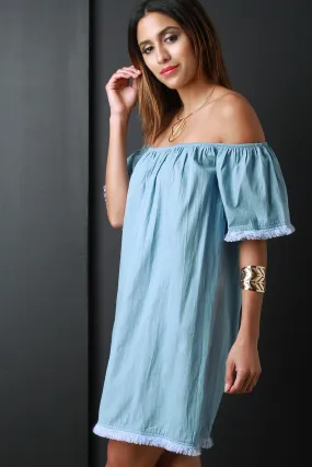 Chambray Frayed Hem Off-The-Shoulder Shift Dress