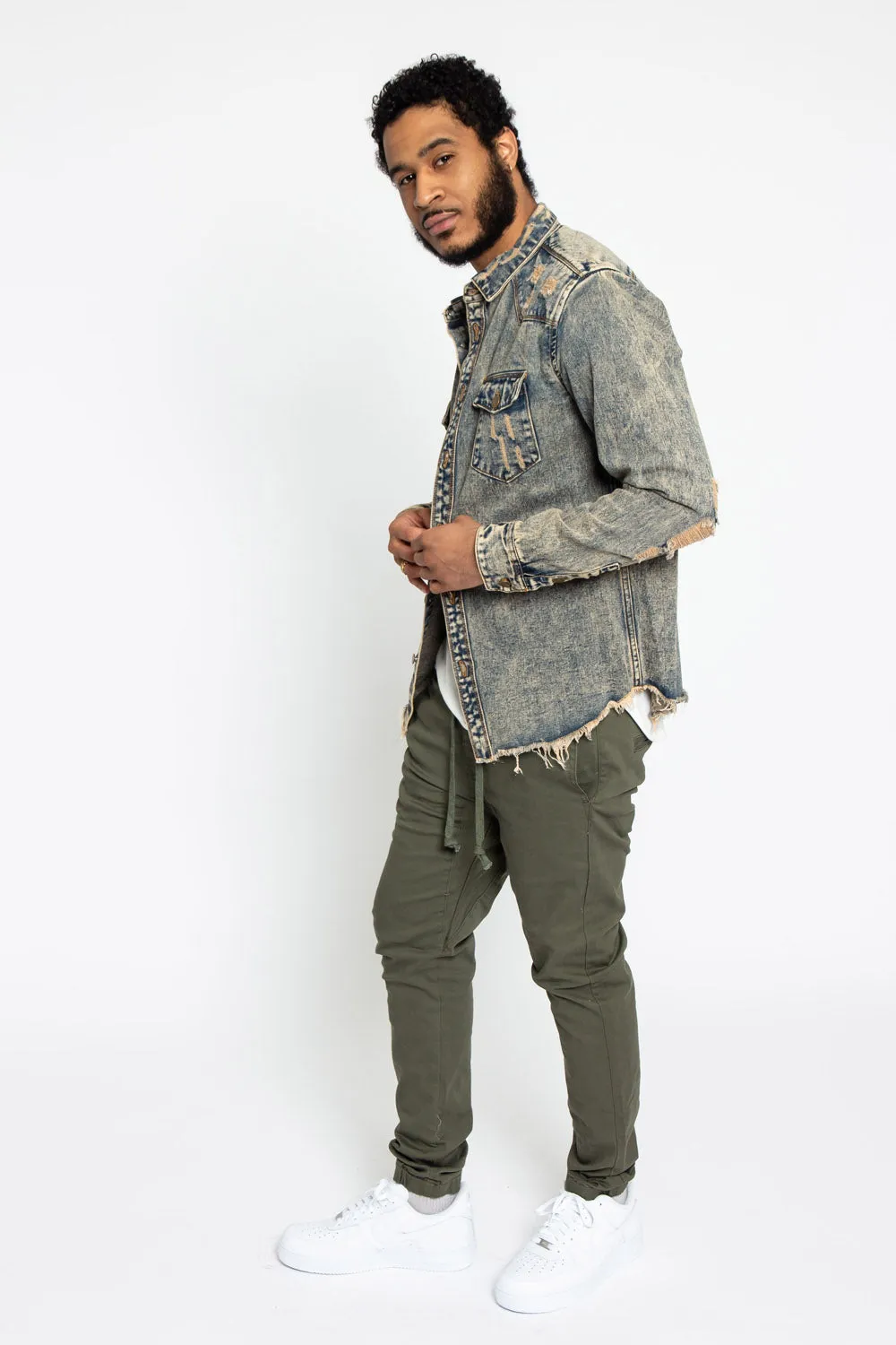 Distressed Denim Button Up Shirt Jacket