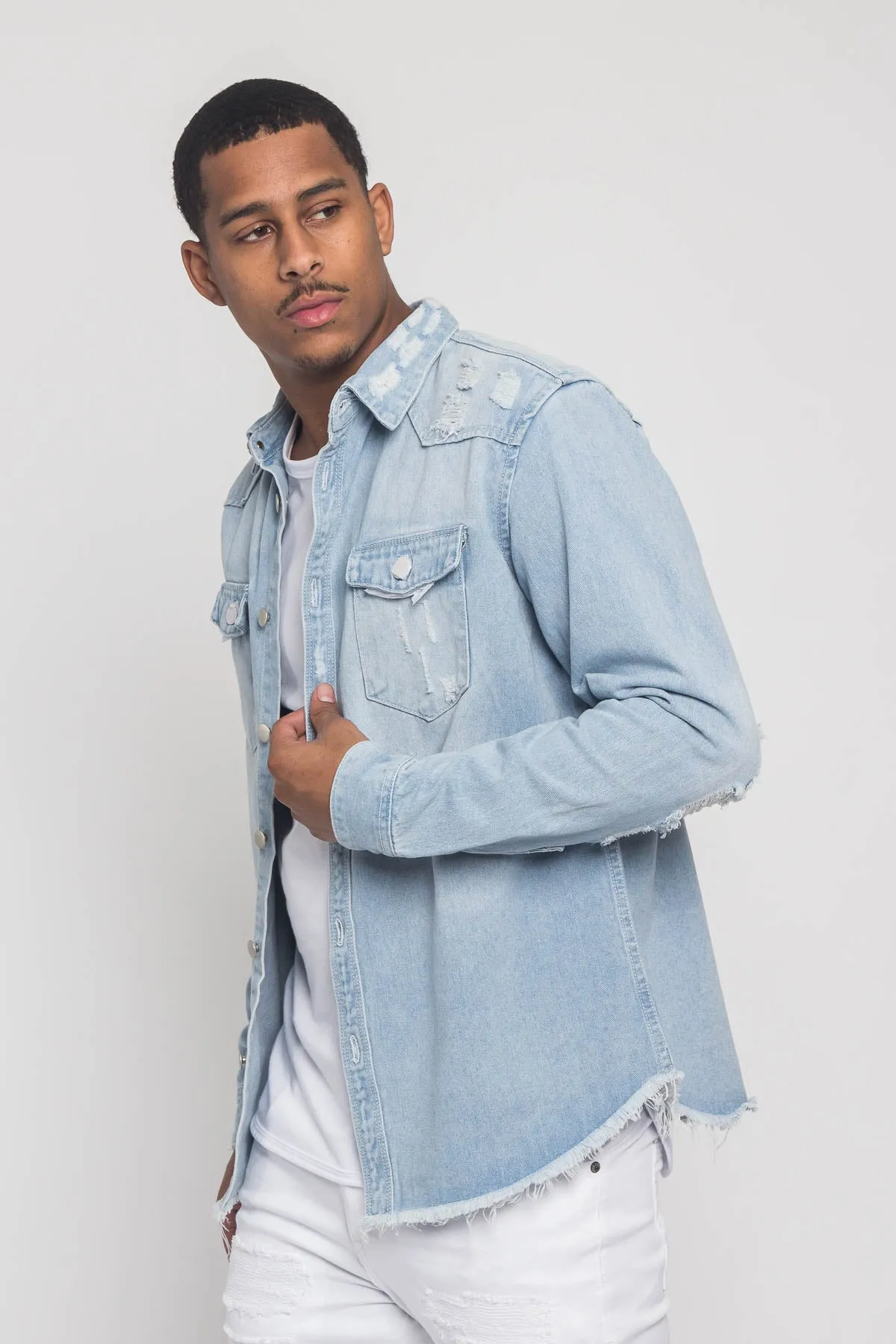 Distressed Denim Button Up Shirt Jacket