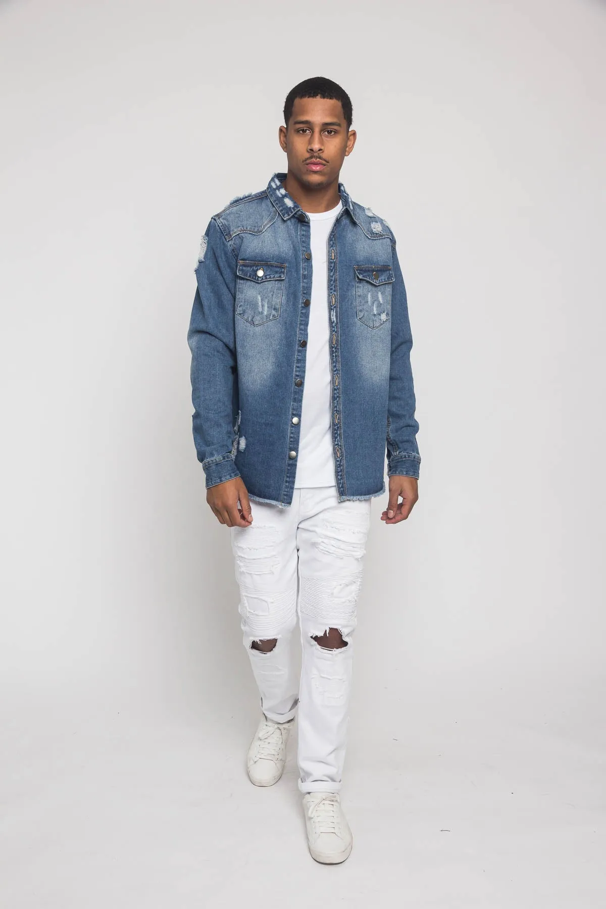 Distressed Denim Button Up Shirt Jacket