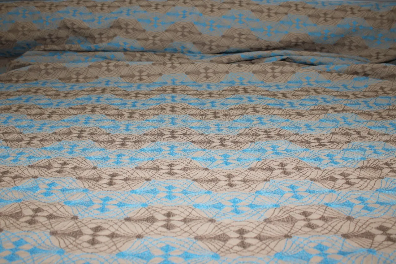 Embroidered Cotton Lawn - Caribbean Blue/Brown on Deep Tan