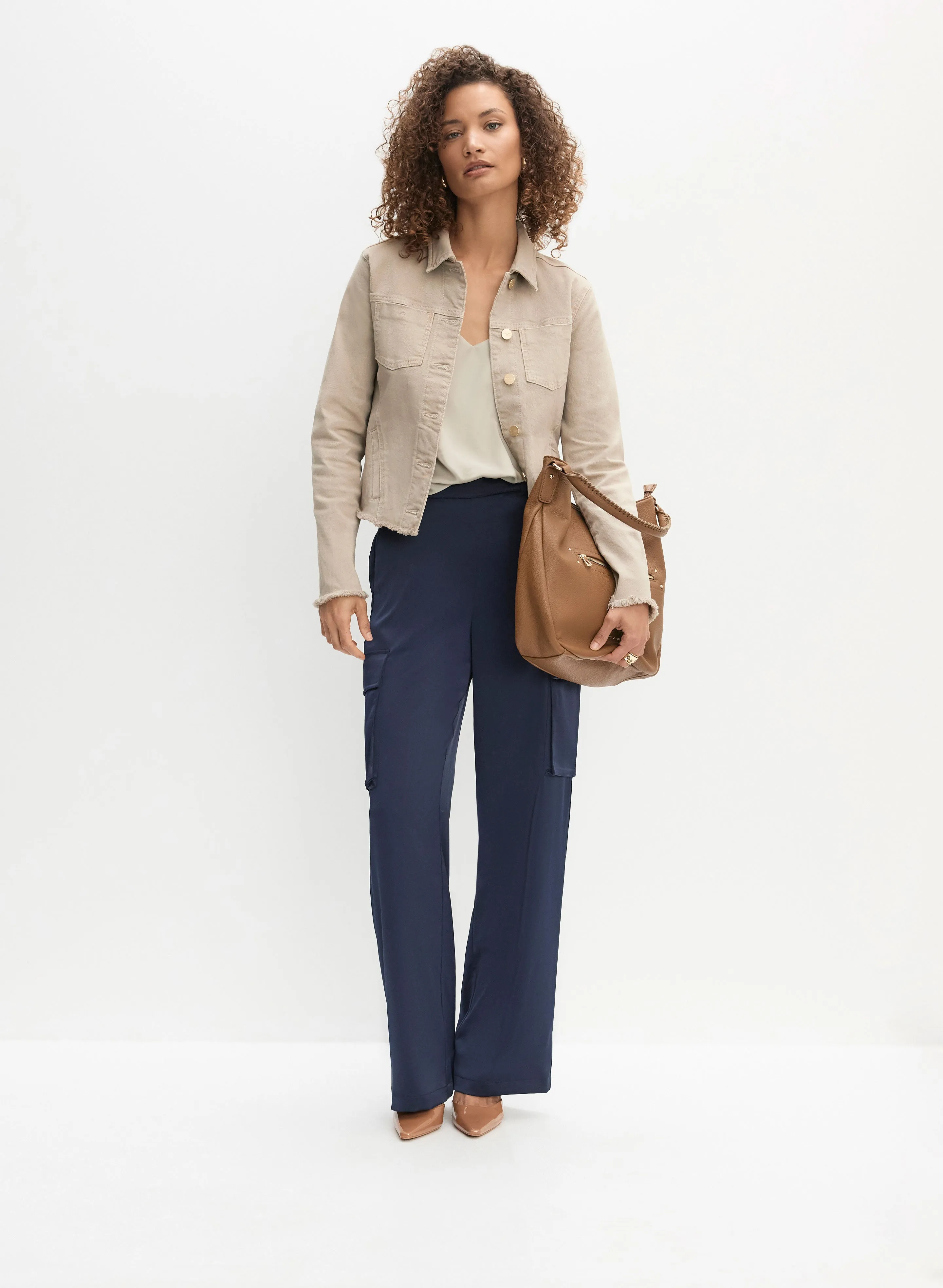 Frayed Hem Denim Jacket & Satin Wide-Leg Cargo Pants