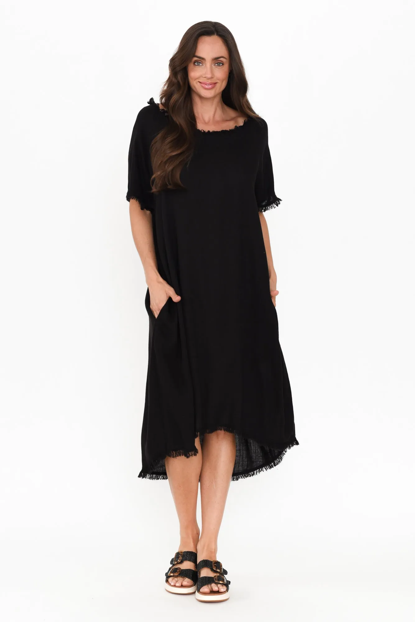 Humphrey Black Cotton Linen Frayed Dress