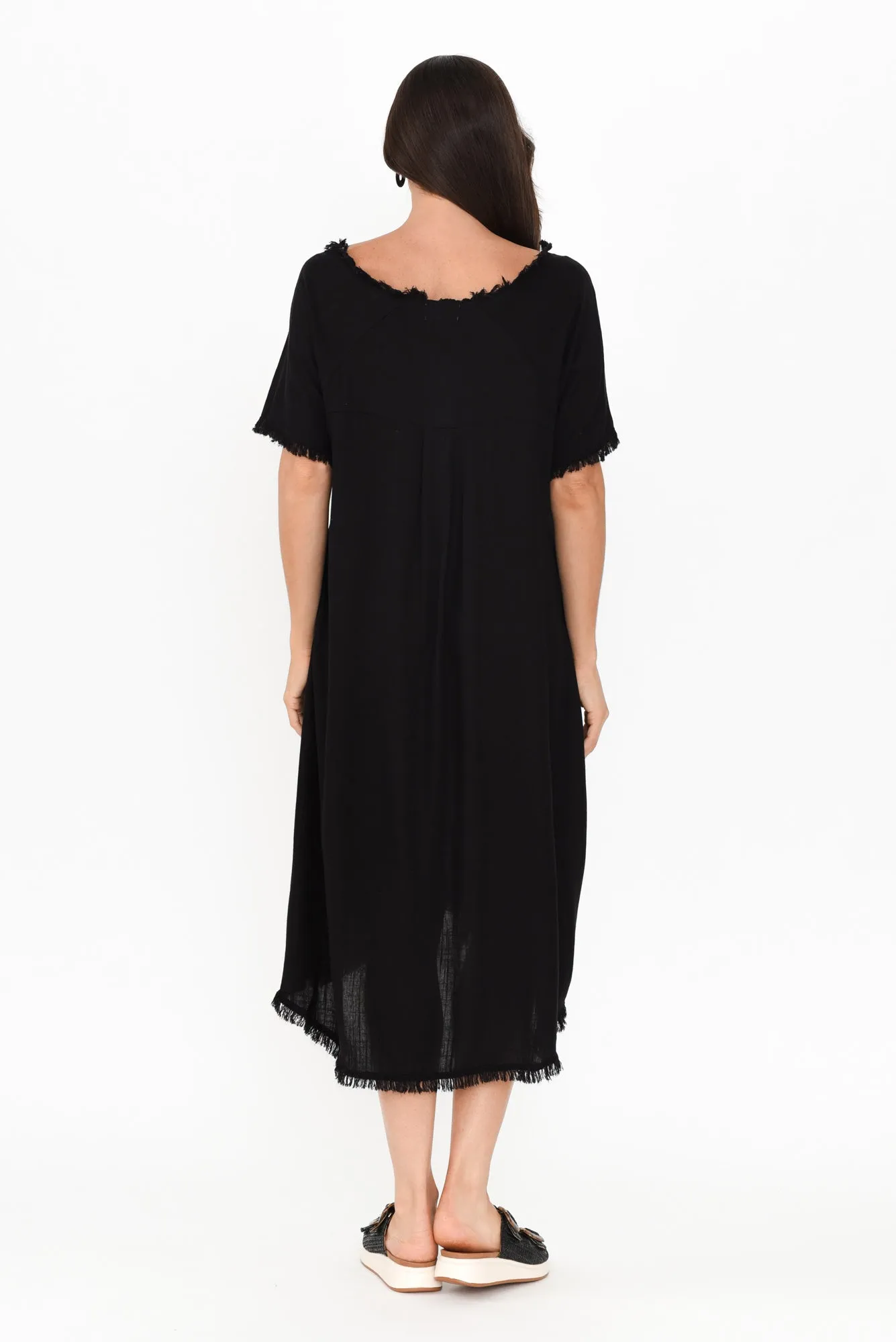 Humphrey Black Cotton Linen Frayed Dress