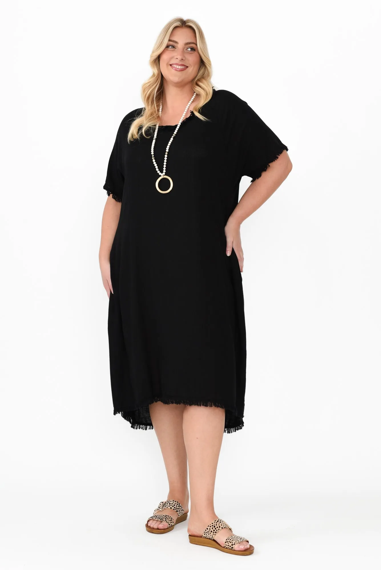 Humphrey Black Cotton Linen Frayed Dress