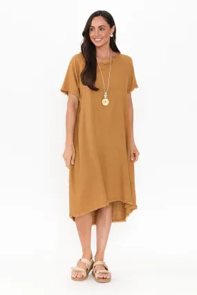 Humphrey Mustard Cotton Linen Frayed Dress