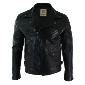 Men's Washed Brown Black Leather Biker Jacket Cross Zip