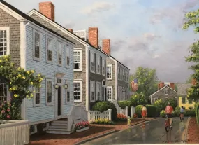 "Biking Past Colonials, Nantucket" by Neil McAuliffe - Realist Oil Painting