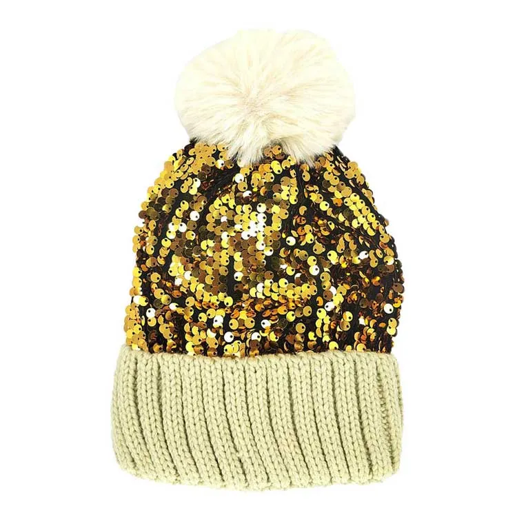 Sequin Pom Pom Knit Beanie Hat