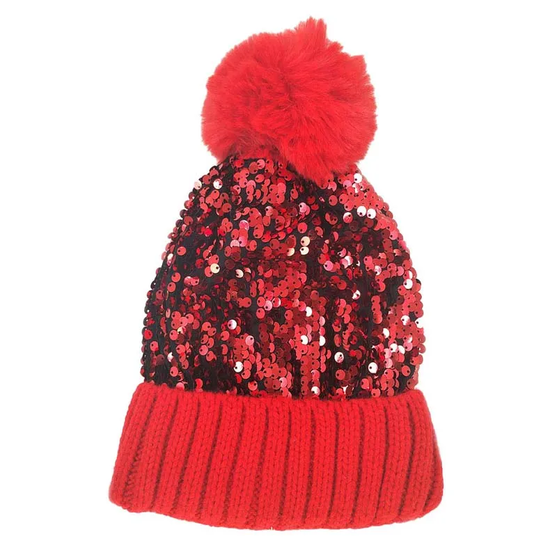 Sequin Pom Pom Knit Beanie Hat