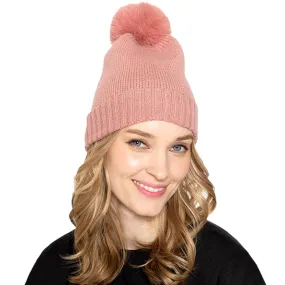 Solid Knit Beanie Hat With Faux Fur Pom