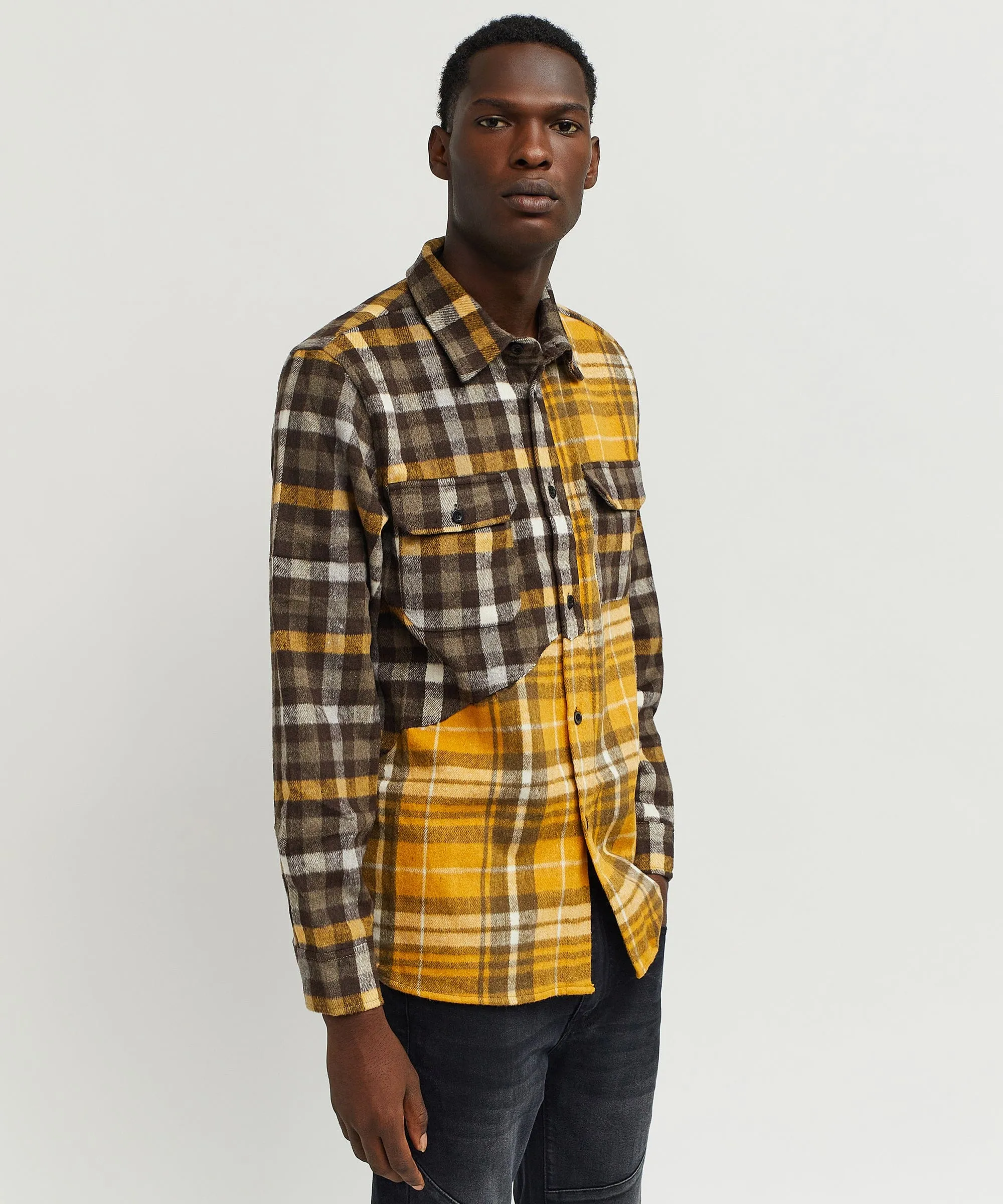 Spliced Checkered Color Blocked Overshirt - Yellow