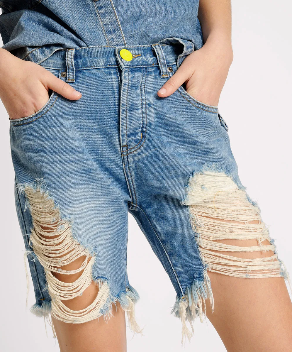 Stevies High Waist Long Length Boyfriend Denim Shorts - Blue Rapture