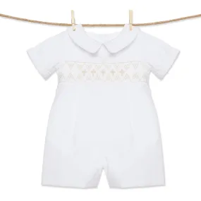 White and Cream Cross Smocked Shortall for Boys